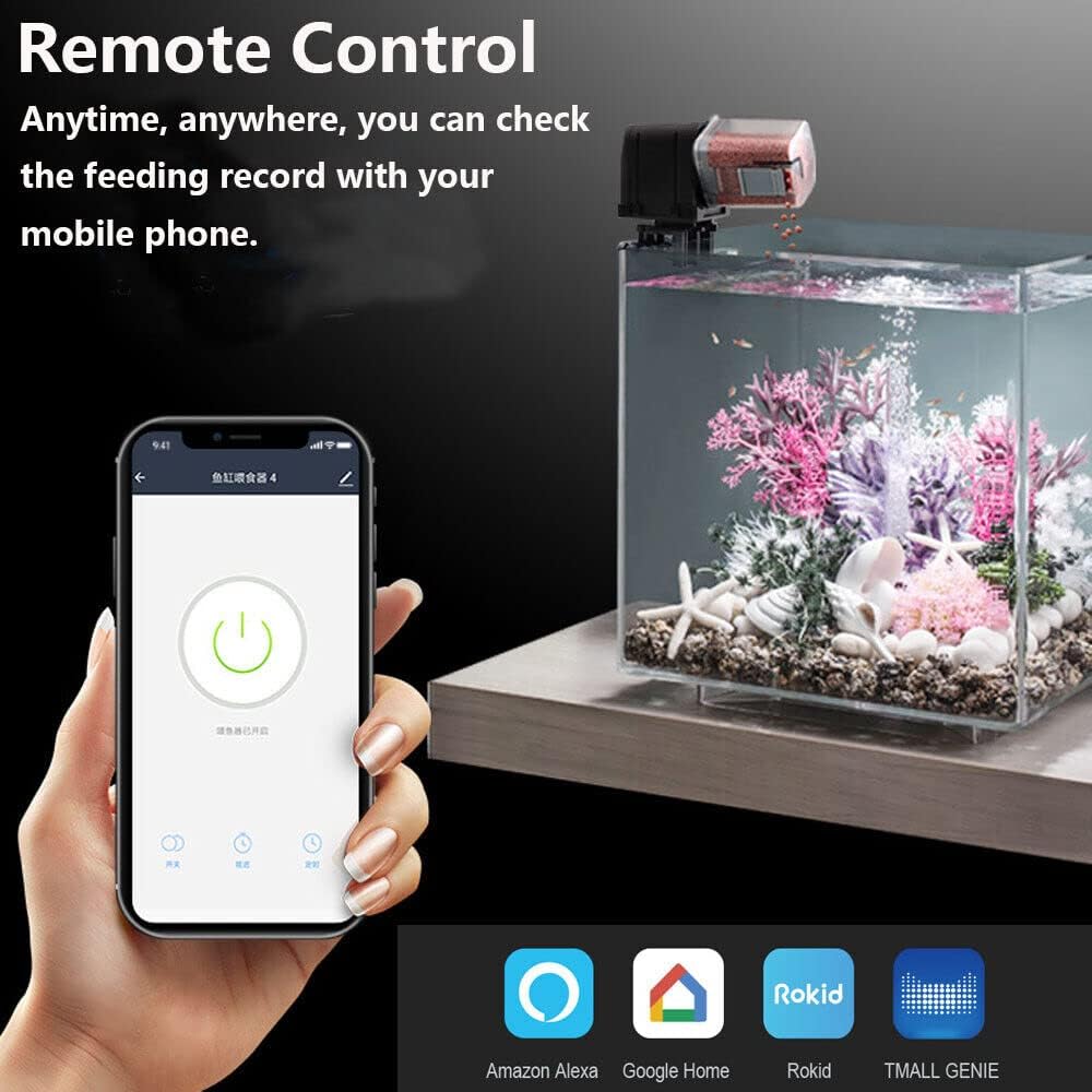 Smart aquarium with remote control feature displayed on a phone app, featuring Rokid and Tmall Genie logos at Pet Servo