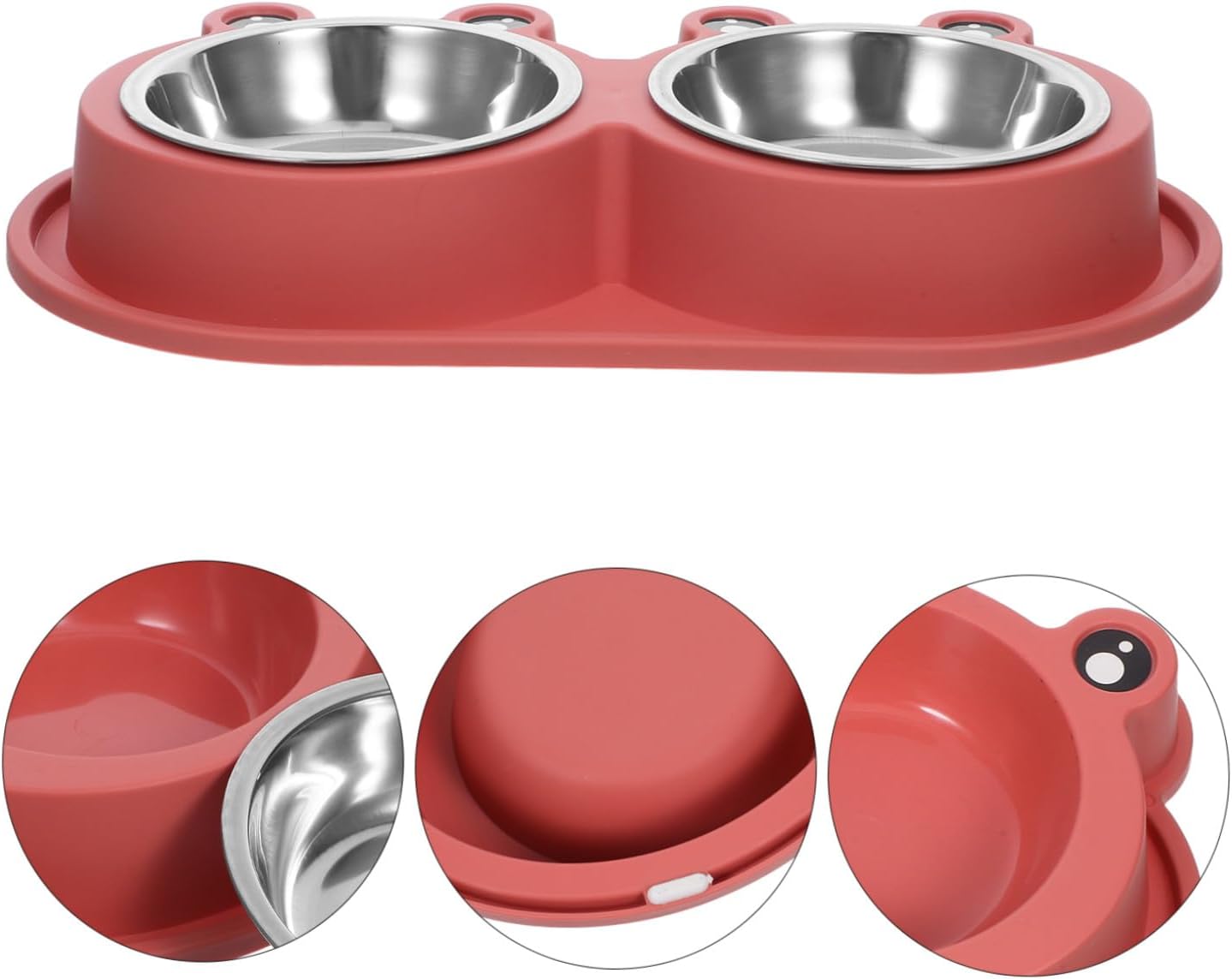 A red silicone pet feeder and waterer with two stainless steel bowls, shown on a white background with three circular detail insets highlighting the bowl interior, the flat top surface, and the side handle at Pet Servo