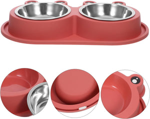 A red silicone pet feeder and waterer with two stainless steel bowls, shown on a white background with three circular detail insets highlighting the bowl interior, the flat top surface, and the side handle at Pet Servo
