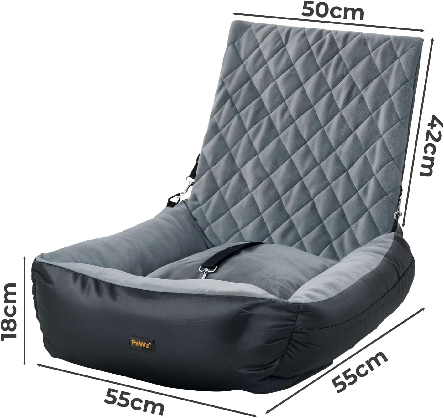 Gray quilted seat cover with measurements on a white background at Pet Servo
