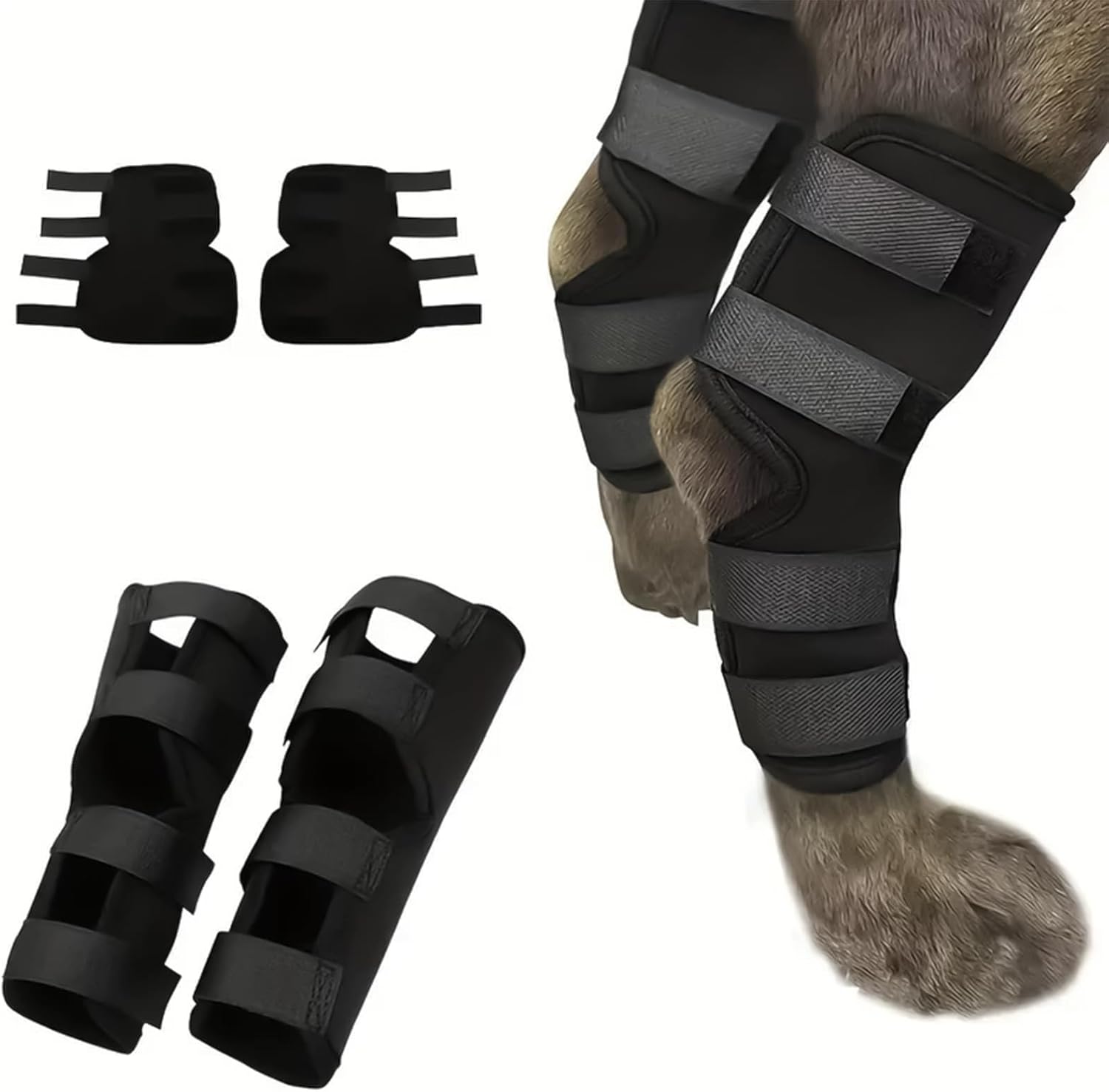 Black protective leg wraps on a animal leg with additional wraps displayed at Pet Servo