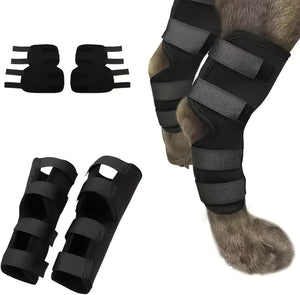Black protective leg wraps on a animal leg with additional wraps displayed at Pet Servo