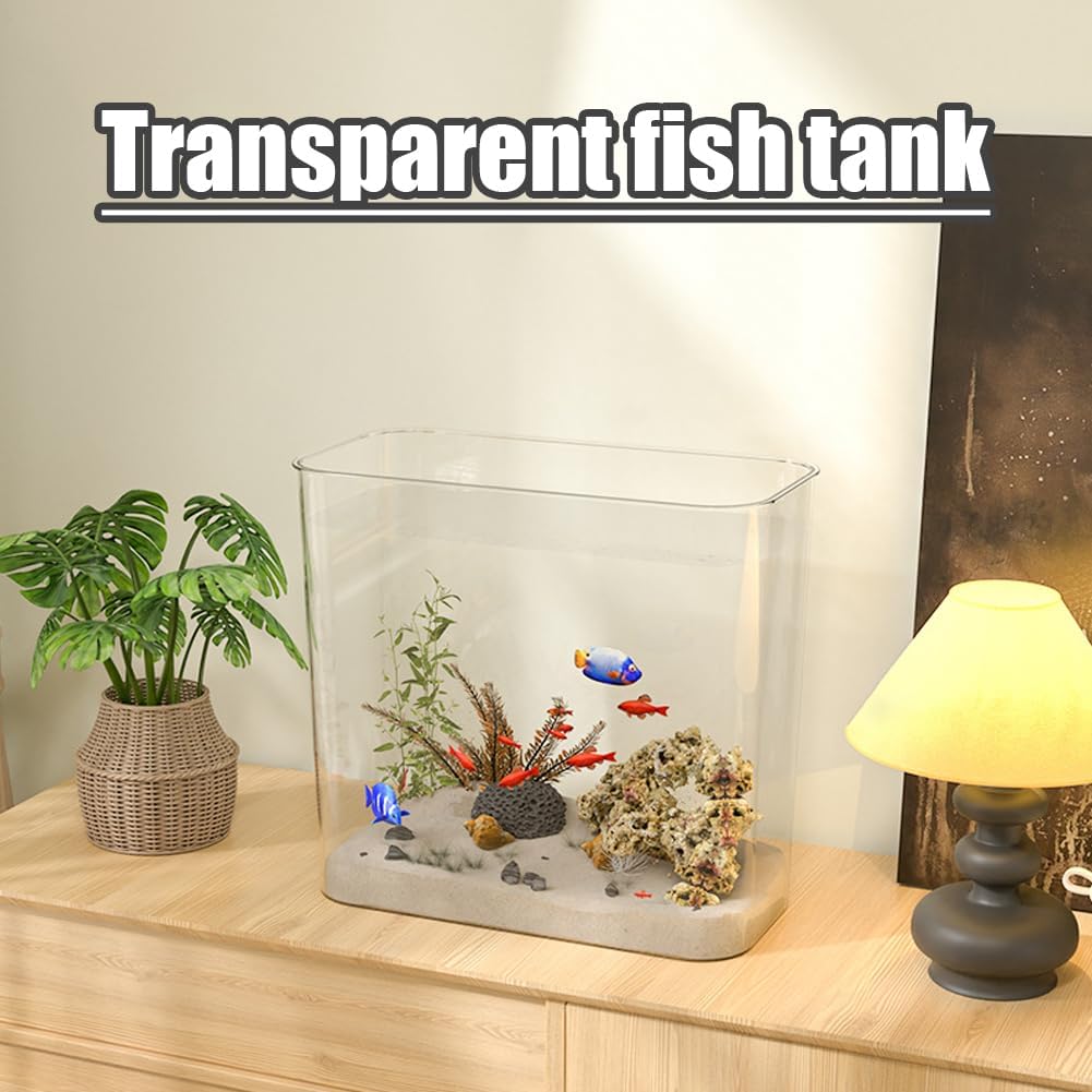 Transparent fish tank with aquatic plants and fish on a wooden surface at Pet Servo