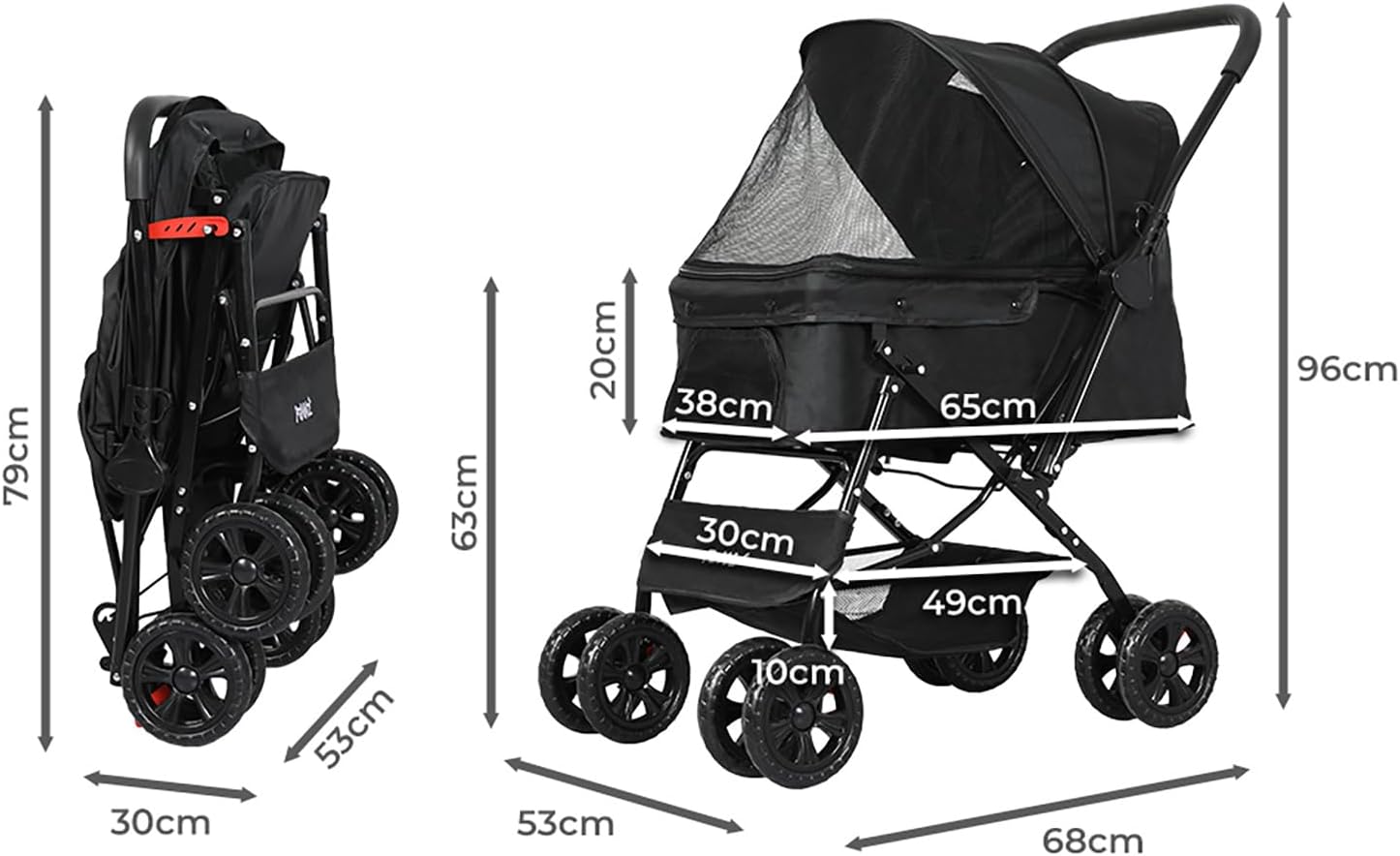 A black stroller and pet stroller shown folded and unfolded with overlaid dimension arrows and measurements in centimeters on a white background at Pet Servo