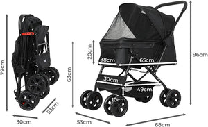 A black stroller and pet stroller shown folded and unfolded with overlaid dimension arrows and measurements in centimeters on a white background at Pet Servo