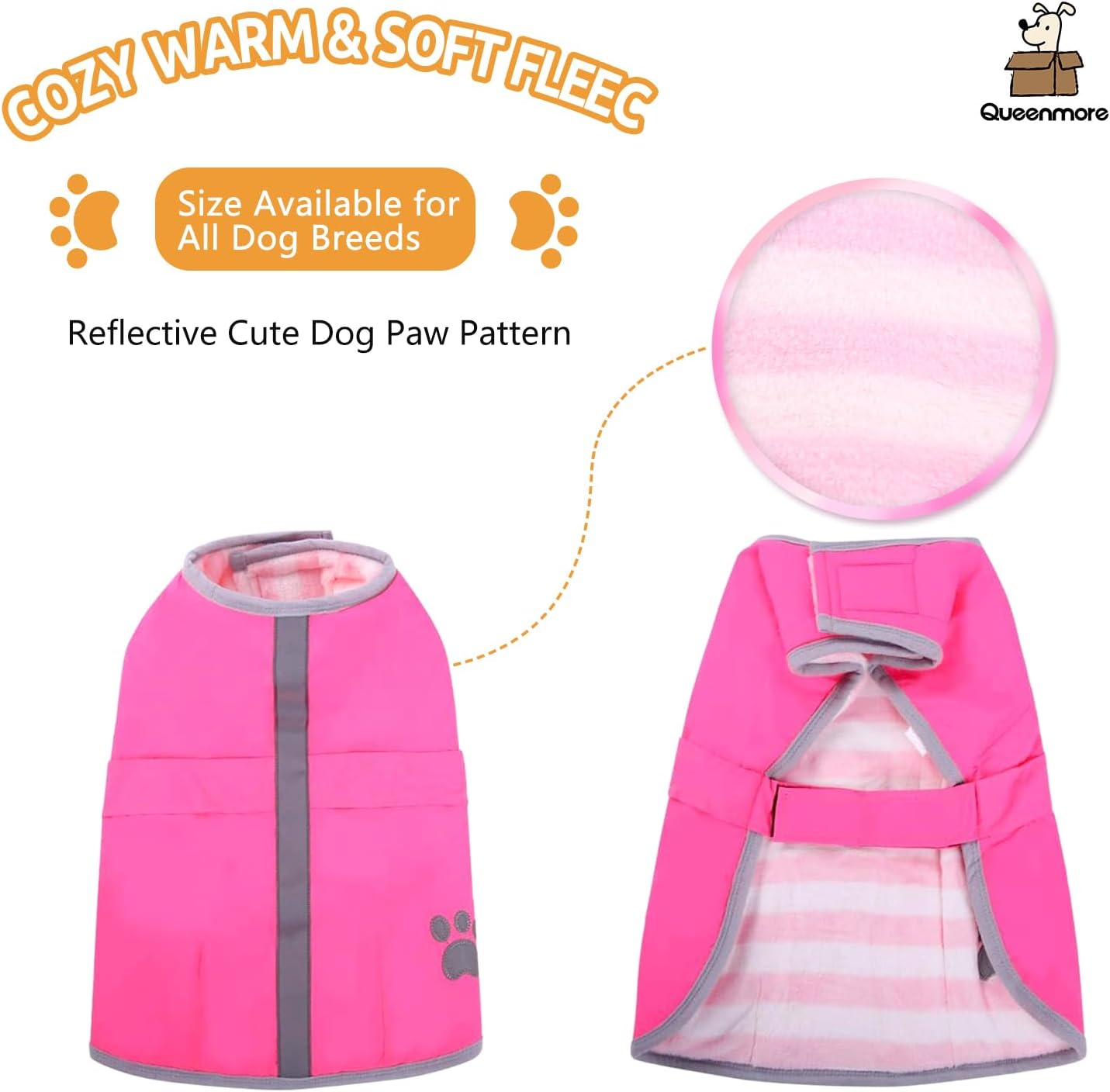 Pink dog coat with reflective paw pattern on a white background at Pet Servo