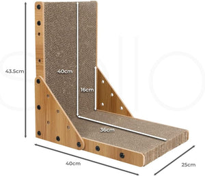 L-shaped cat scratching post with wooden frames and sisal-wrapped scratching panels, shown with dimension labels and arrows on a white background at Pet Servo