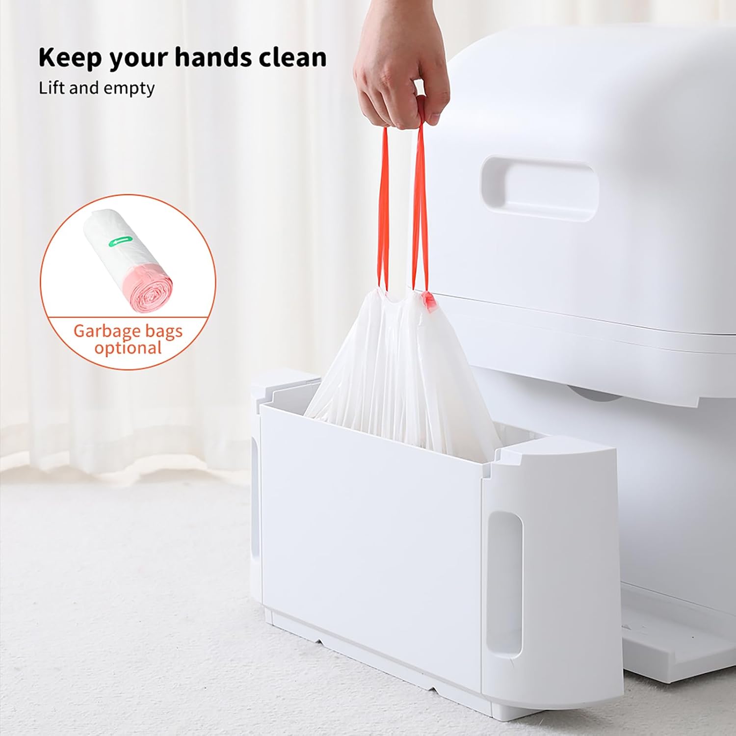 A white plastic trash bag dispenser with a hand lifting a white plastic garbage bag by orange handles. The image includes text overlays reading 'Keep your hands clean Lift and empty' and a circular inset showing an optional roll of white and pink garbage bags at Pet Servo