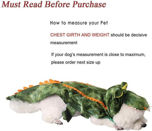 Pet in a green dinosaur costume with measurement instructions on a white background