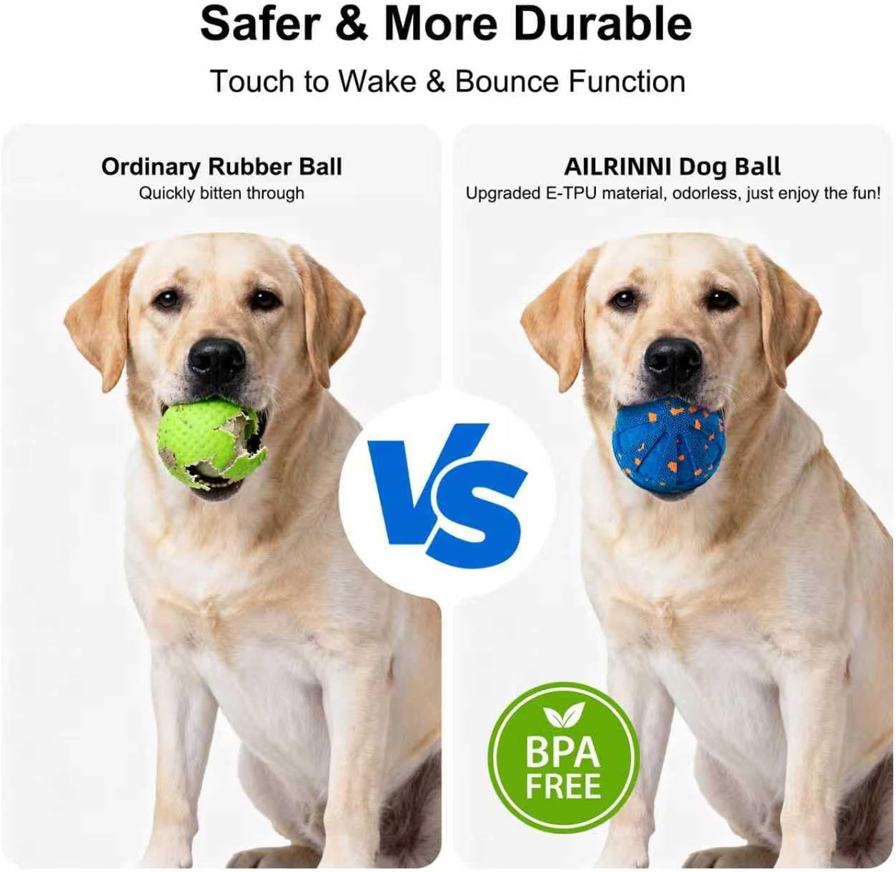 Comparison of an ordinary rubber ball and AILRINNI dog ball with a dog holding each, highlighting safety and durability features at Pet Servo