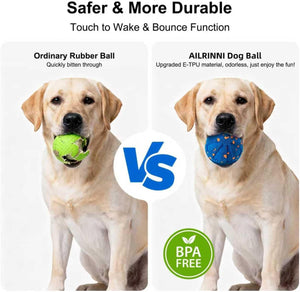Comparison of an ordinary rubber ball and AILRINNI dog ball with a dog holding each, highlighting safety and durability features at Pet Servo