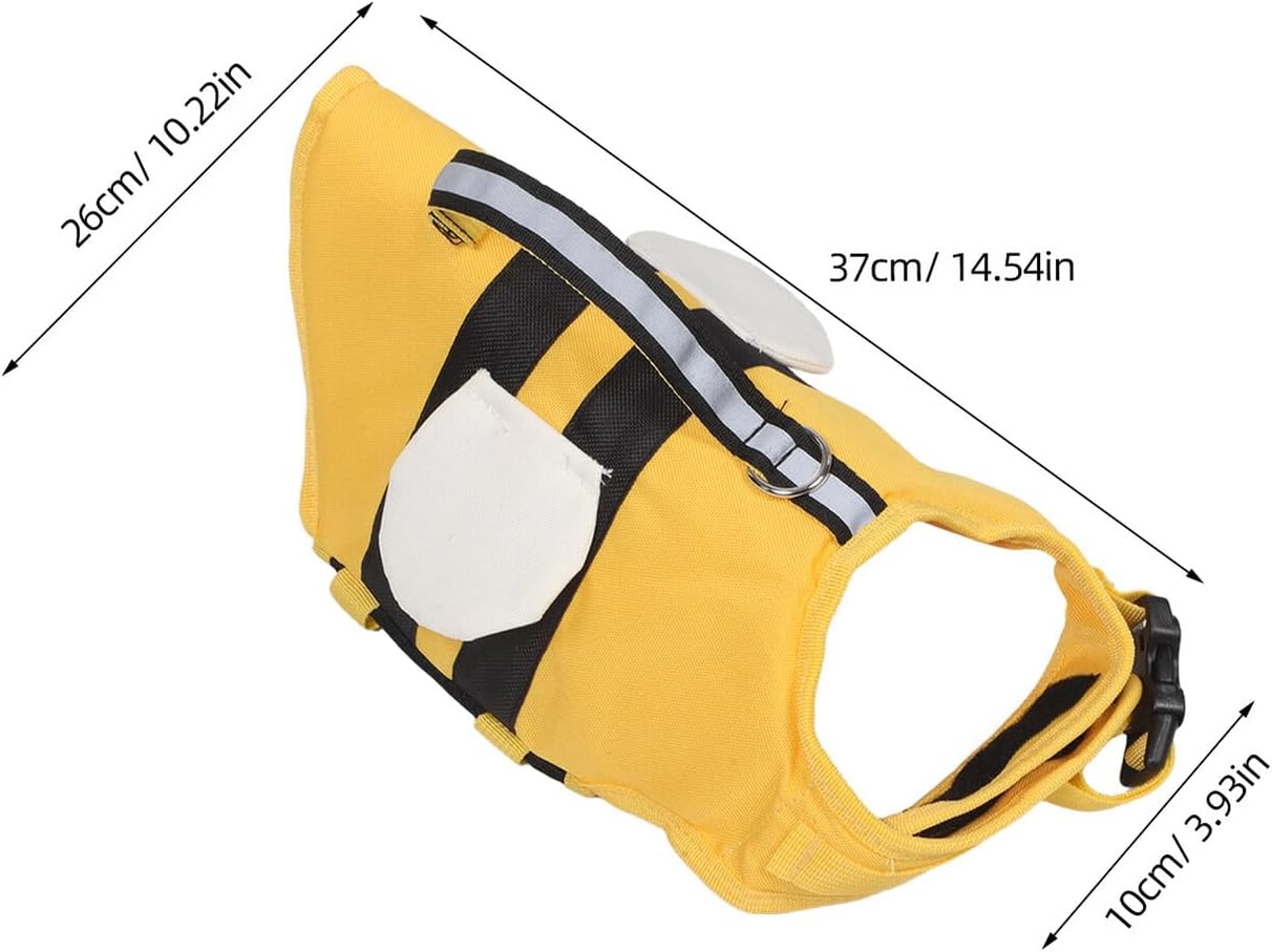 Yellow dog life jacket with measurements on a white background at Pet Servo