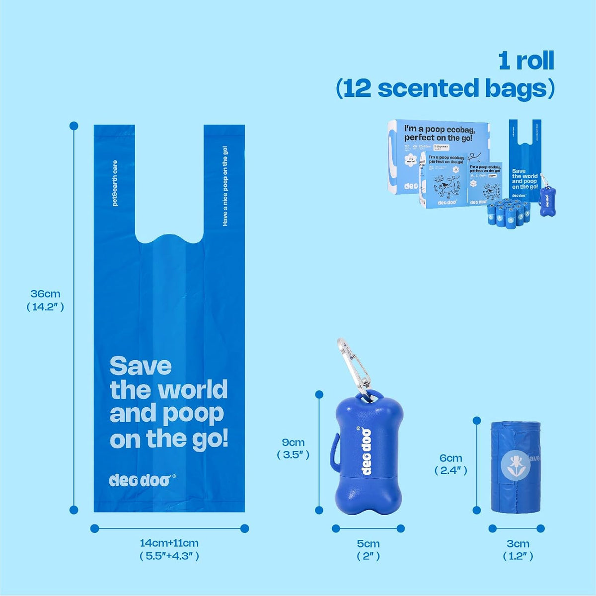 Product packaging with dimensions and features on a blue background at Pet Servo