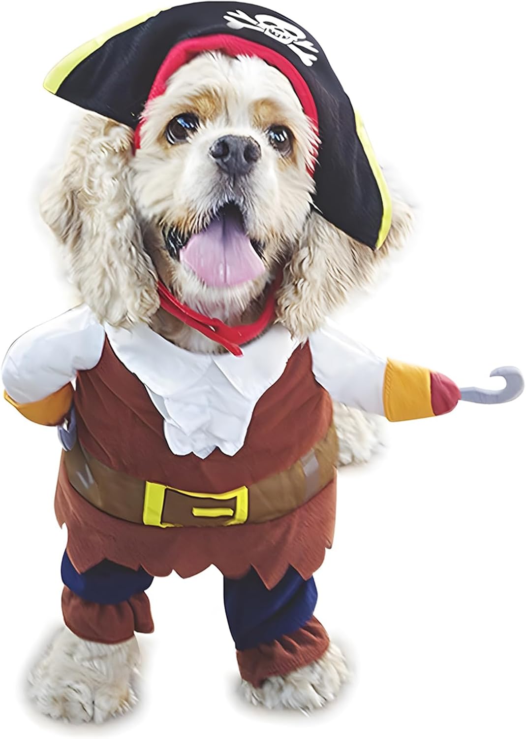 Dog wearing a pirate costume with a hat, shirt, and pants on a white background at Pet Servo