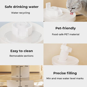 A 2x3 collage showing a white pet water fountain with text callouts: 'Safe drinking water' with water recycling, 'Pet-friendly' with food-safe PET material, 'Easy to clean' with removable sections, and 'Precise filling' with min/max water level marks. One panel shows a gray cat drinking from the fountain at Pet Servo