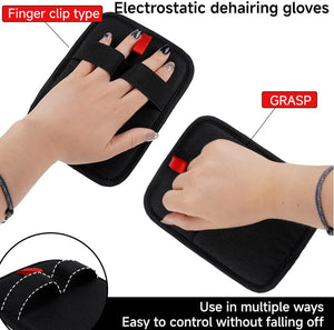 Black electrostatic dehairing gloves with finger clips on a white background at Pet Servo