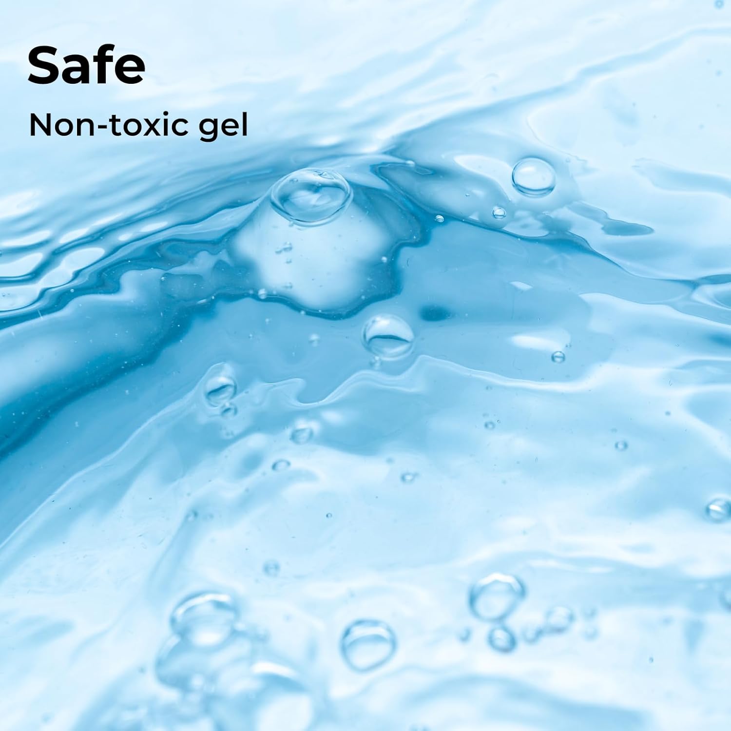 A close-up of clear blue gel or liquid with bubbles and the text 'Safe Non-toxic gel' in the upper left corner at Pet Servo