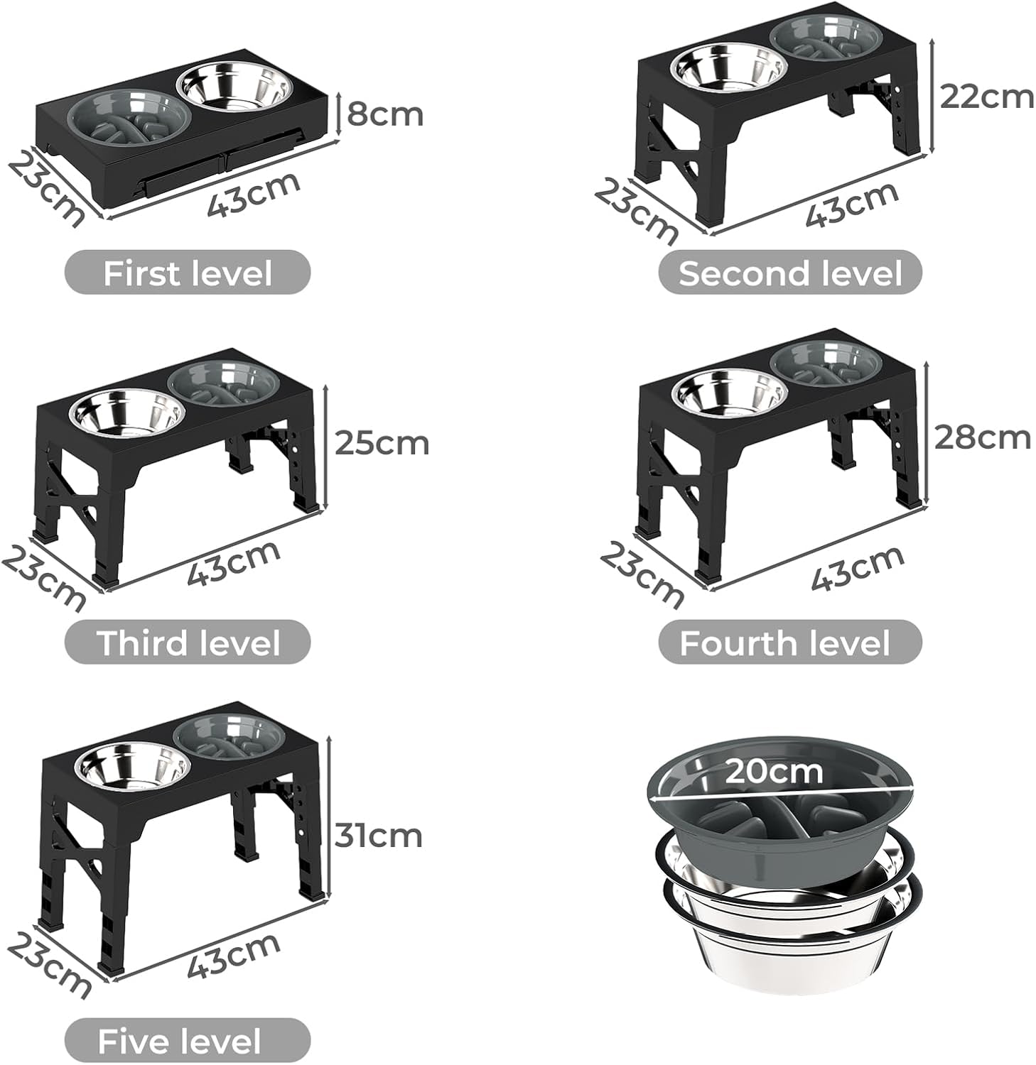 A product information diagram showing different height levels for a pet feeder or dog elevated feeding station: First level at 8cm, Second level at 22cm, Third level at 25cm, Fourth level at 28cm, Fifth level at 31cm, plus a stack of bowls with a 20cm diameter. The image is monochrome with dimension labels at Pet Servo