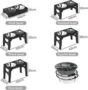 A product information diagram showing different height levels for a pet feeder or dog elevated feeding station: First level at 8cm, Second level at 22cm, Third level at 25cm, Fourth level at 28cm, Fifth level at 31cm, plus a stack of bowls with a 20cm diameter. The image is monochrome with dimension labels at Pet Servo