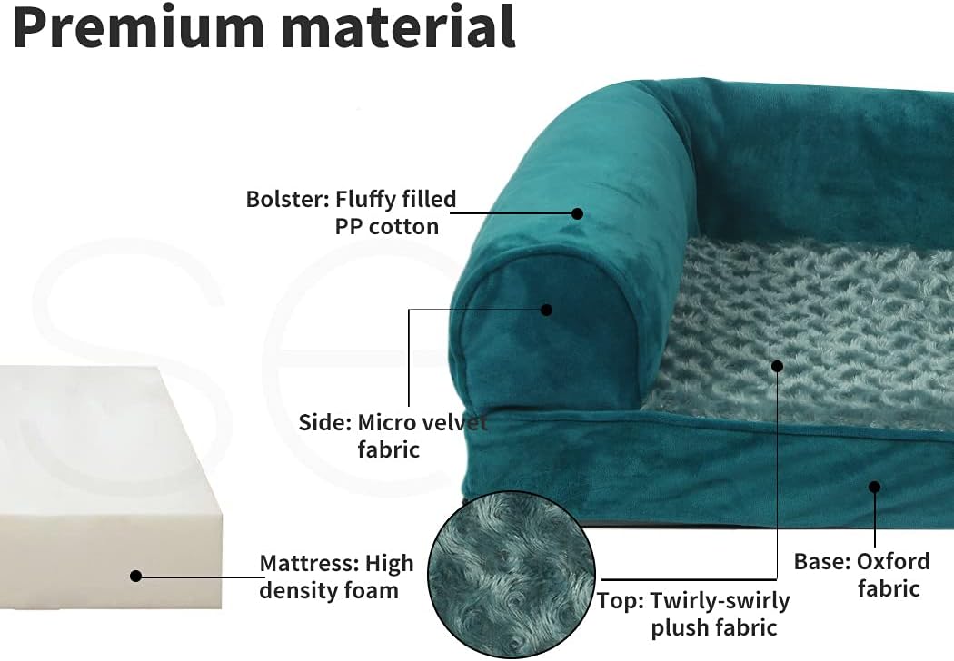 Teal pet bed with labeled materials including fluffy filled PP cotton, micro velvet fabric, high density foam, and twirly-swirly plush fabric at Pet Servo