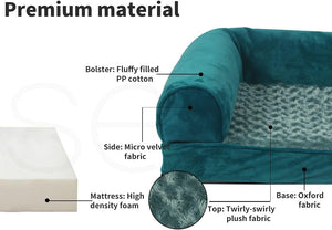 Teal pet bed with labeled materials including fluffy filled PP cotton, micro velvet fabric, high density foam, and twirly-swirly plush fabric at Pet Servo