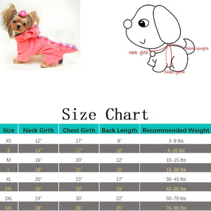 Dog size chart with a dog in a pink outfit on the left and a cartoon dog illustration on the right at Pet Servo