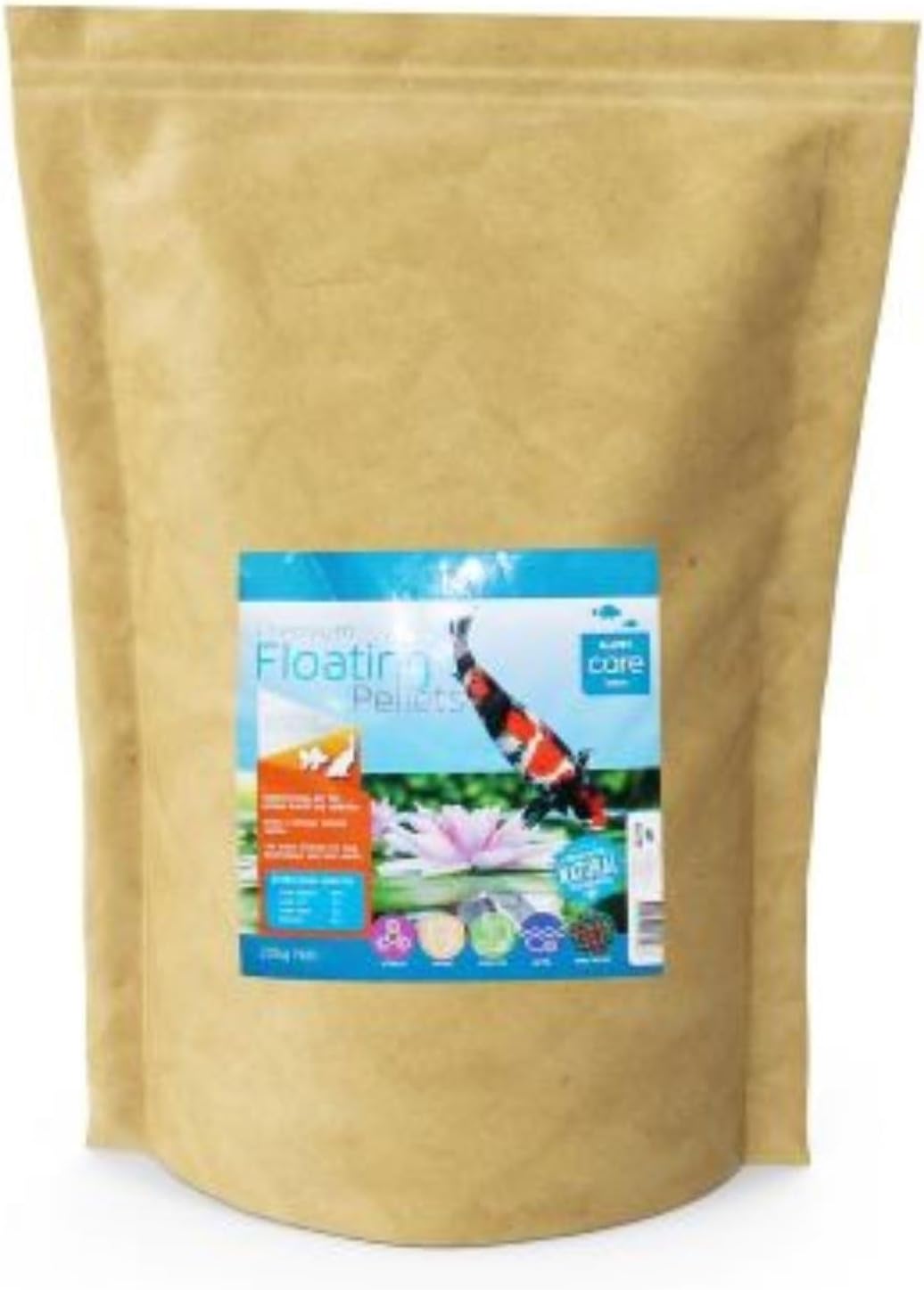 Kraft paper bag with a colorful label featuring an image of koi fish and water lilies on a white background at Pet Servo