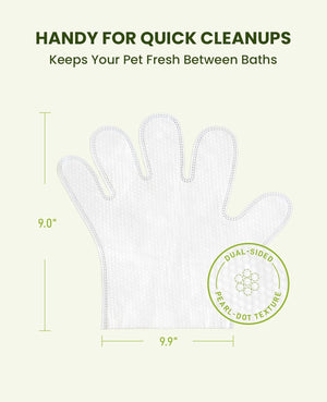 White grooming glove with measurements and text on a light green background at Pet Servo