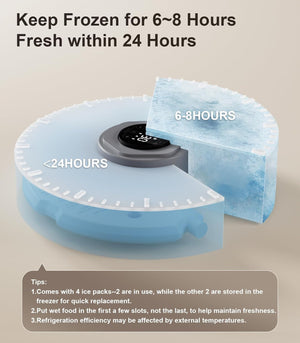 Frozen food storage container with ice packs and time duration labels on a beige background at Pet Servo