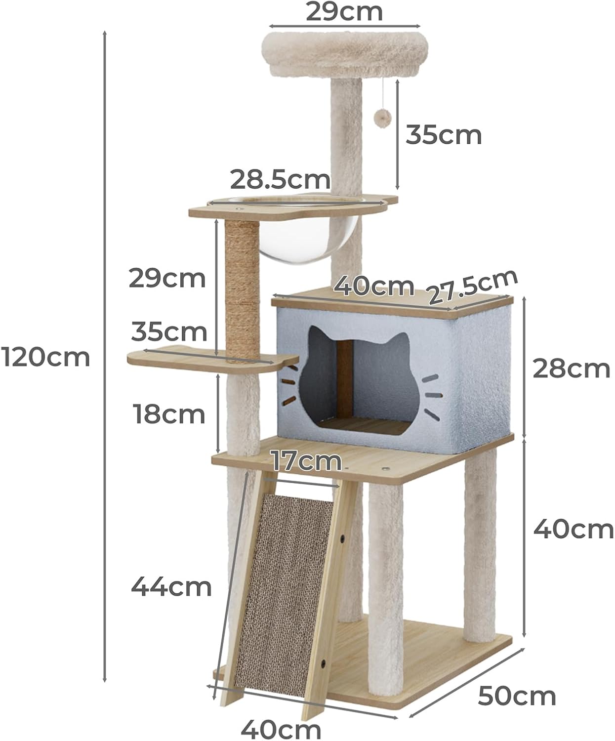 A cat tree product diagram with labeled dimensions showing height, width, and depth measurements around the structure on a white background at Pet Servo
