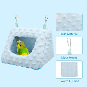 White pet hammock with plush material, metal hooks, and warm cushion for a parrot on a light blue background at Pet Servo