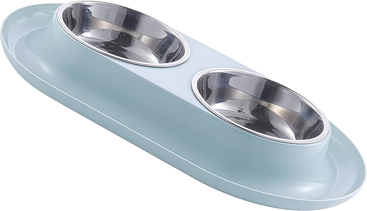 A light blue dual pet feeder and waterer with two stainless steel bowls, shown on a plain white background at Pet Servo