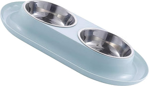 A light blue dual pet feeder and waterer with two stainless steel bowls, shown on a plain white background at Pet Servo