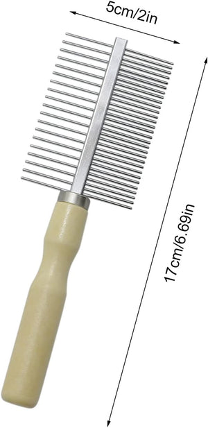 Metal comb with beige handle and measurements indicated at Pet Servo