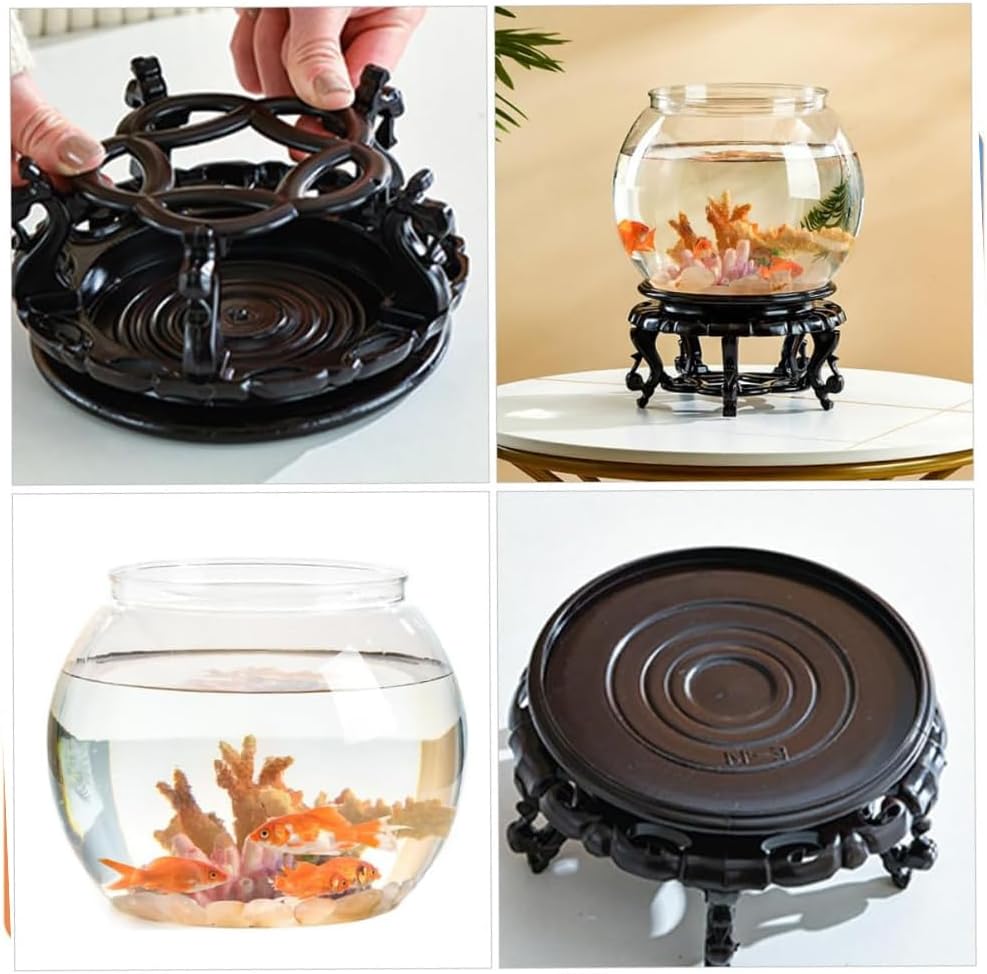 Black decorative stand with a glass fishbowl containing goldfish on a beige background at Pet Servo