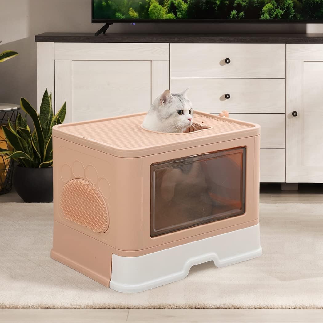 PaWz - Foldable Cat Litter Box Tray Enclosed Kitty Toilet Hood Hair with Separate Entry and Exit Door at Pet Servo