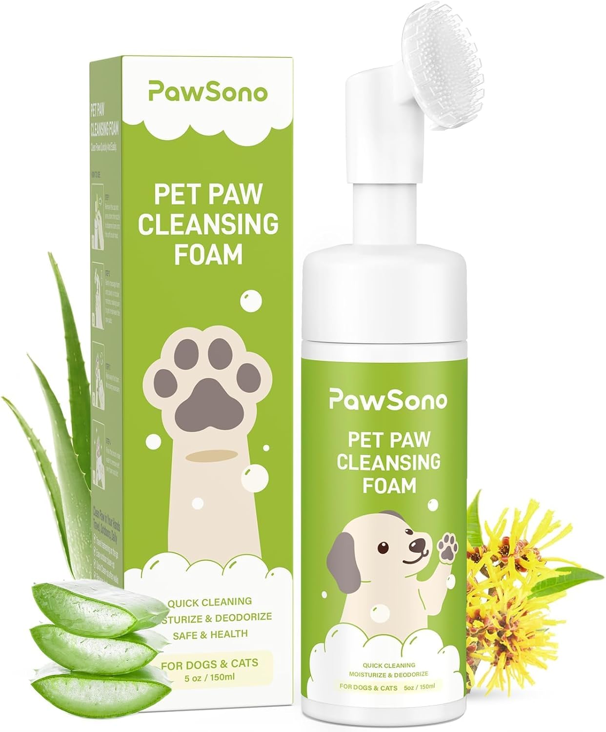 PawSono pet paw cleansing foam with packaging, bottle, and aloe vera leaves on a white background at Pet Servo