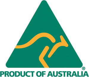 The 'Product of Australia' logo featuring a green triangle with a yellow kangaroo silhouette and the text 'PRODUCT OF AUSTRALIA' in green at the bottom, set against a plain white background.