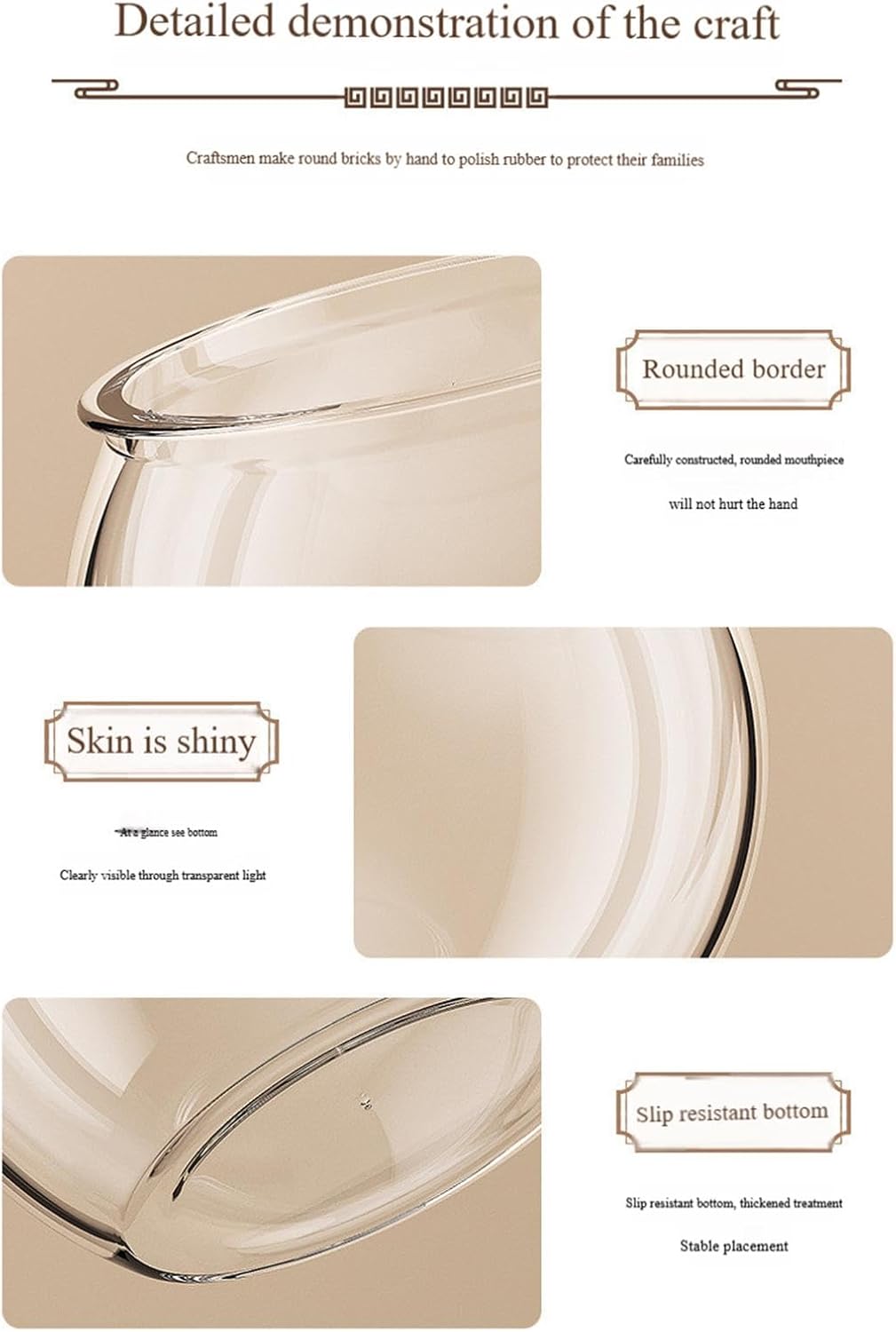 Glass bowl with rounded border and shiny skin on a beige background at Pet Servo