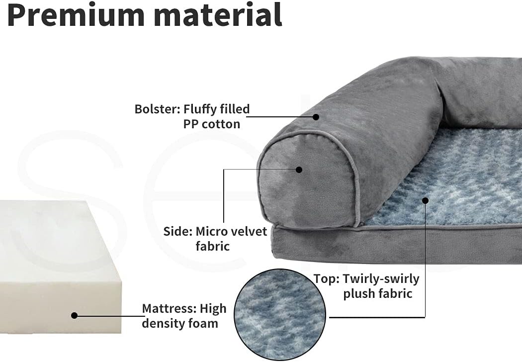 Diagram of a pet bed with labeled materials including fluffy filled PP cotton, micro velvet fabric, and high density foam at Pet Servo