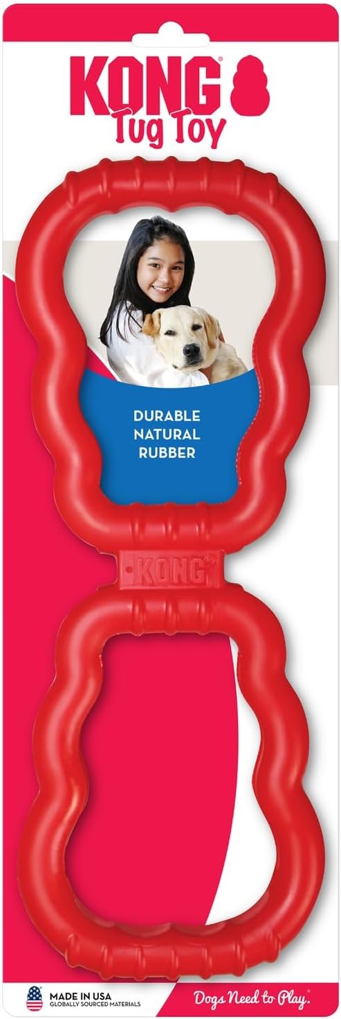 Red KONG Tug Toy packaging with a dog and owner photo on a white background at Pet Servo