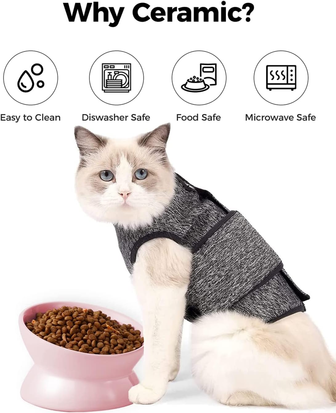 Cat wearing a gray sweater sitting next to a pink bowl with food, with icons and text explaining why ceramic is a good choice at Pet Servo