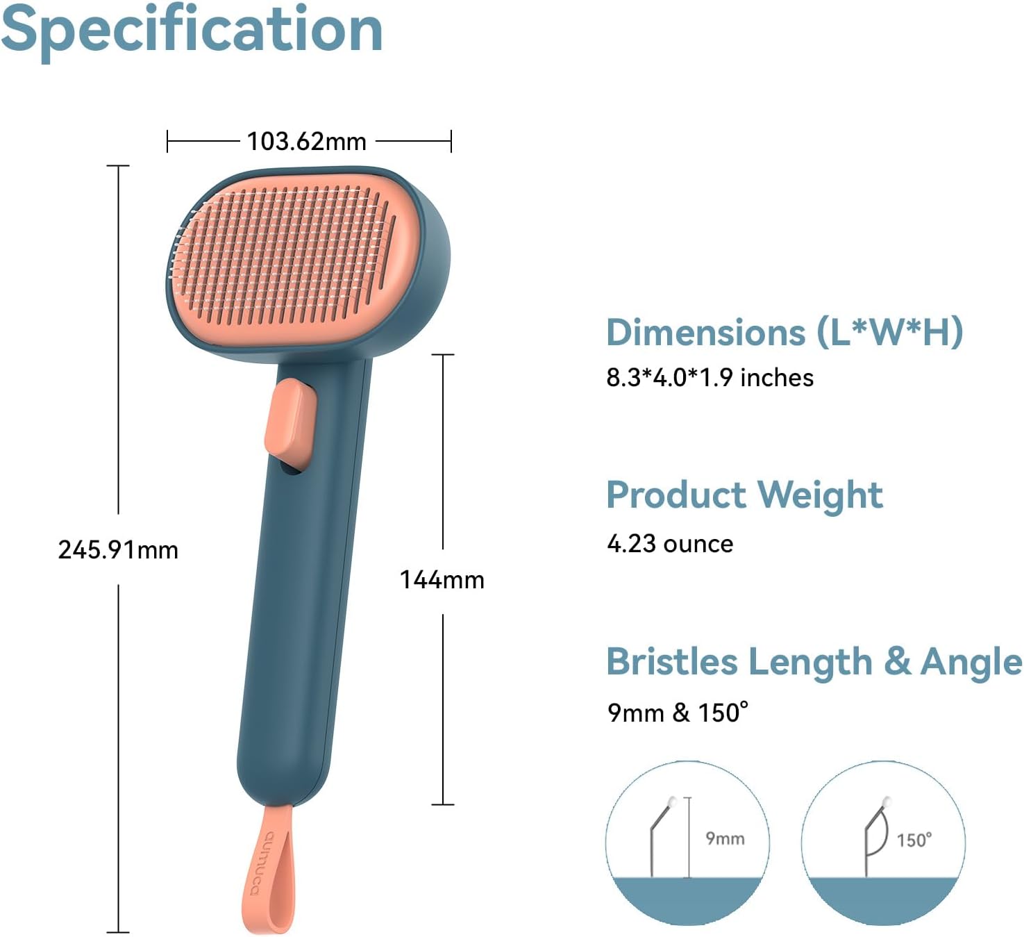 Pet grooming brush with dimensions and specifications on a white background at Pet Servo