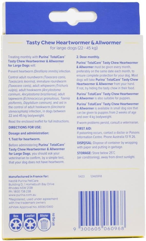 Back label of a Tasty Chew Heartworm & Allwormer for large dogs on a white background at Pet Servo