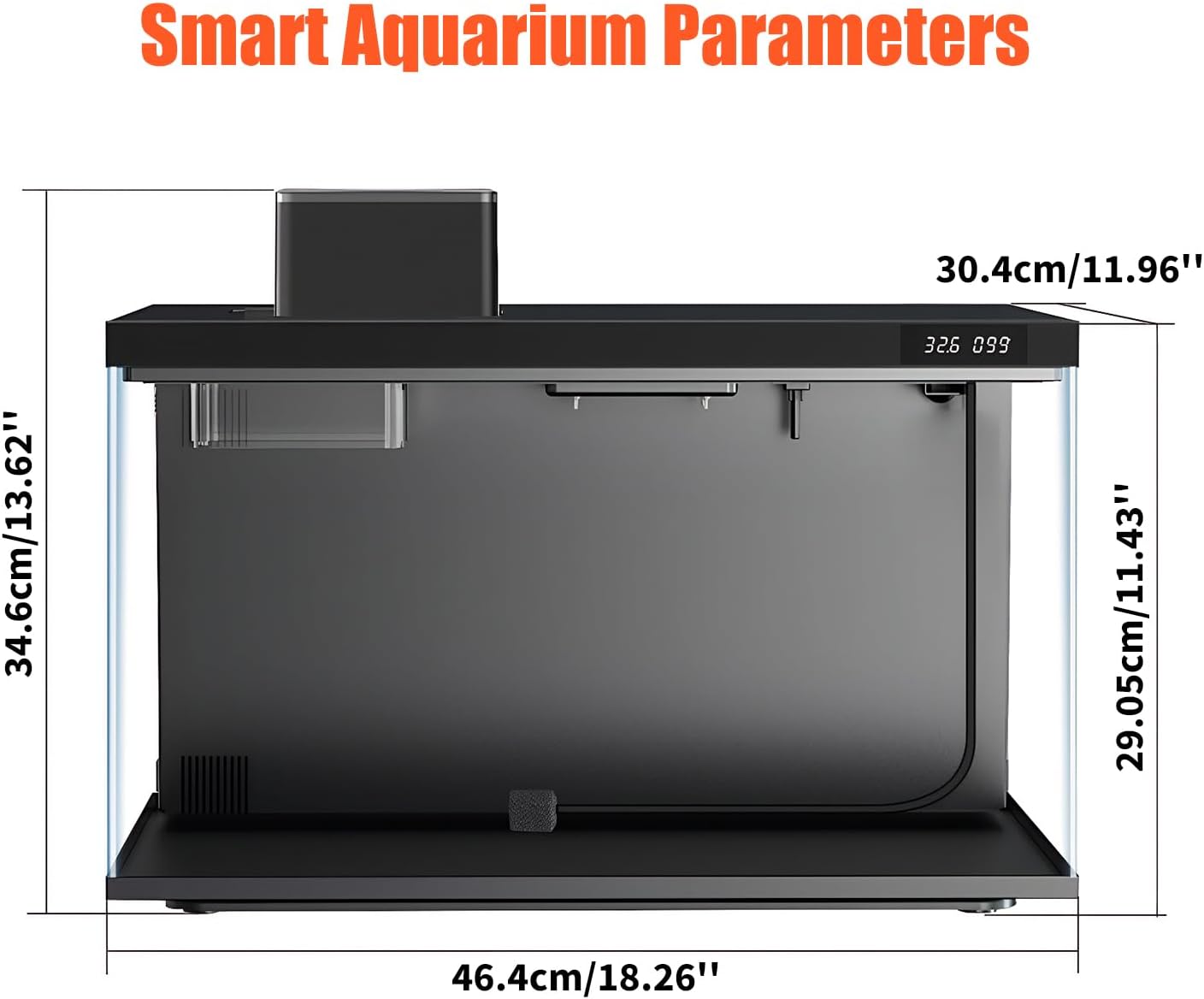 Smart aquarium with dimensions labeled on a white background at Pet Servo