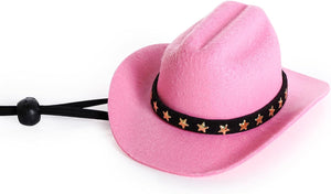 A pink felt cowboy hat with a black band decorated with gold stars, featuring a black chin strap with a black bead, shown on a white background at Pet Servo