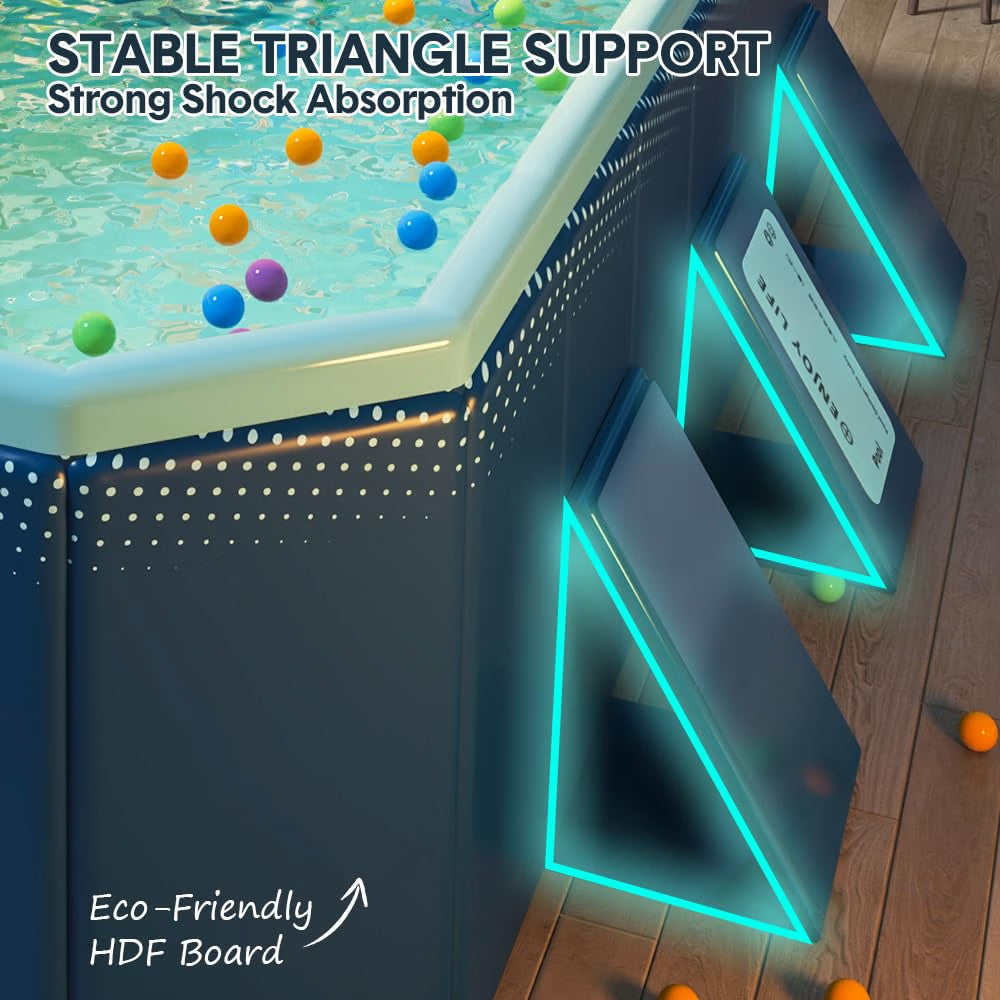An elevated pool table with a dark gray frame and glowing cyan triangular support beams, shown on a wooden floor with balls scattered around. Text overlays read 'STABLE TRIANGLE SUPPORT Strong Shock Absorption' and 'Eco-Friendly HDF Board'.