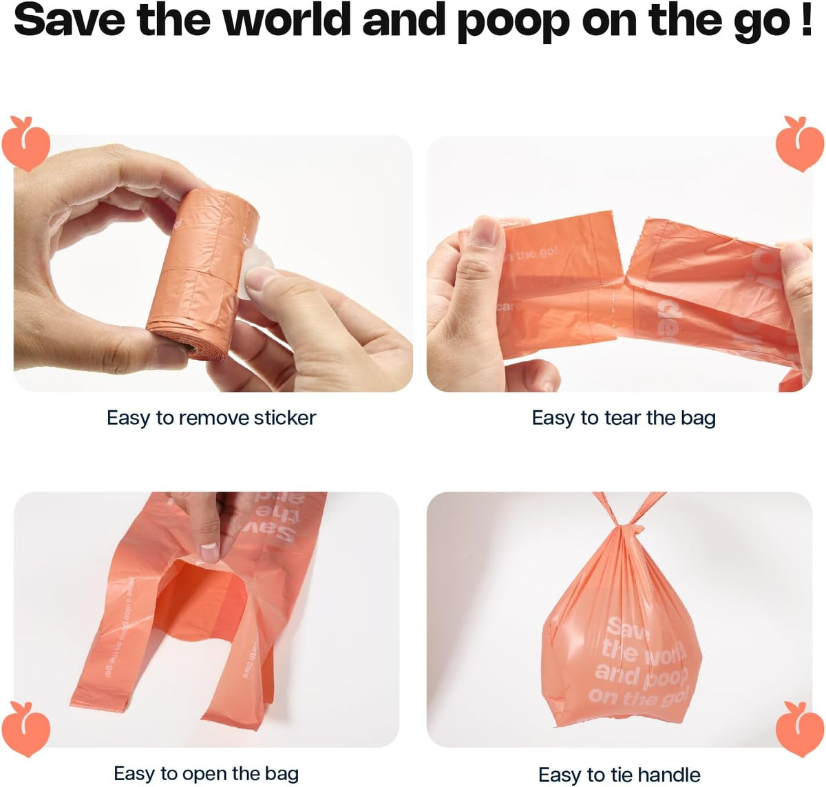 Product packaging with text 'Save the world and poop on the go!' and images of hands using the product at Pet Servo