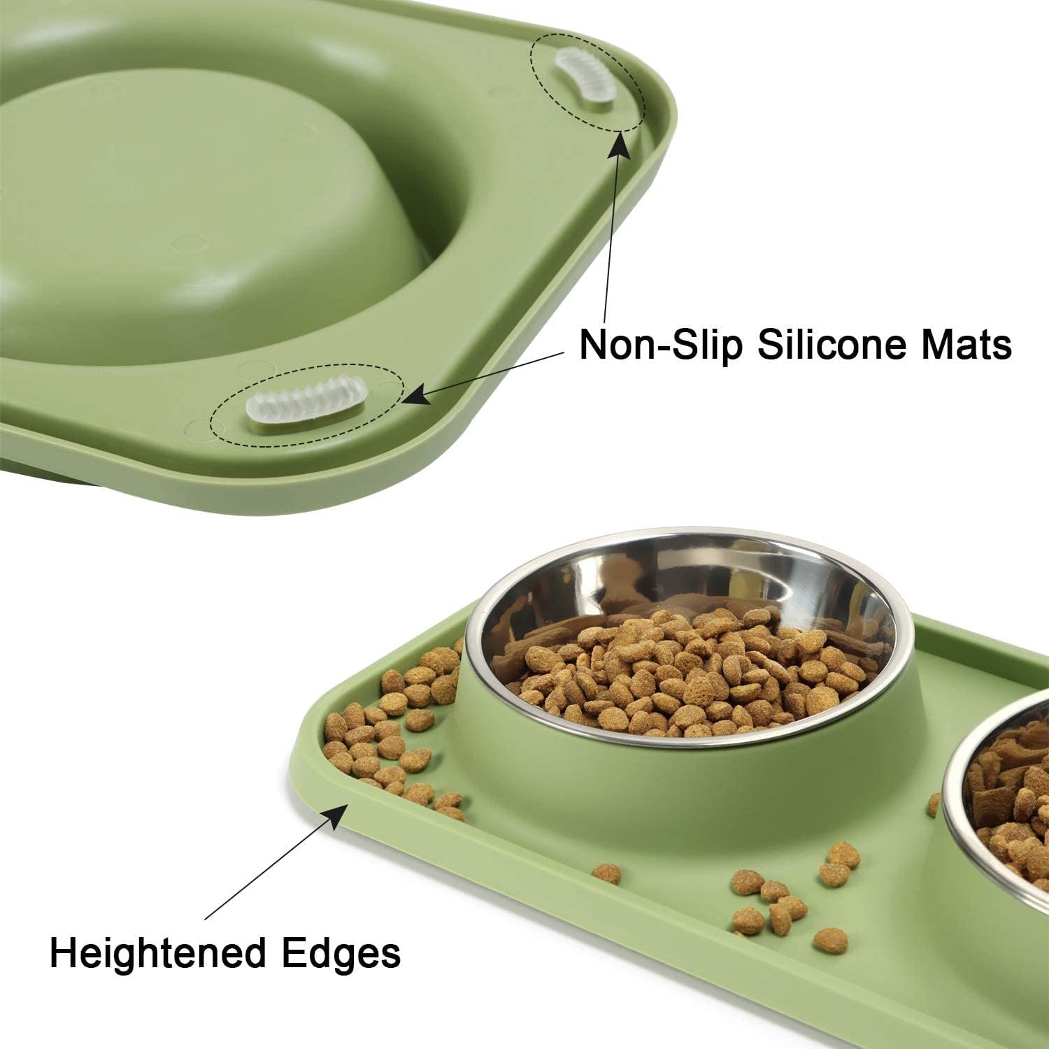 Green pet feeding station with non-slip silicone mats and heightened edges, showing two metal bowls with kibble at Pet Servo
