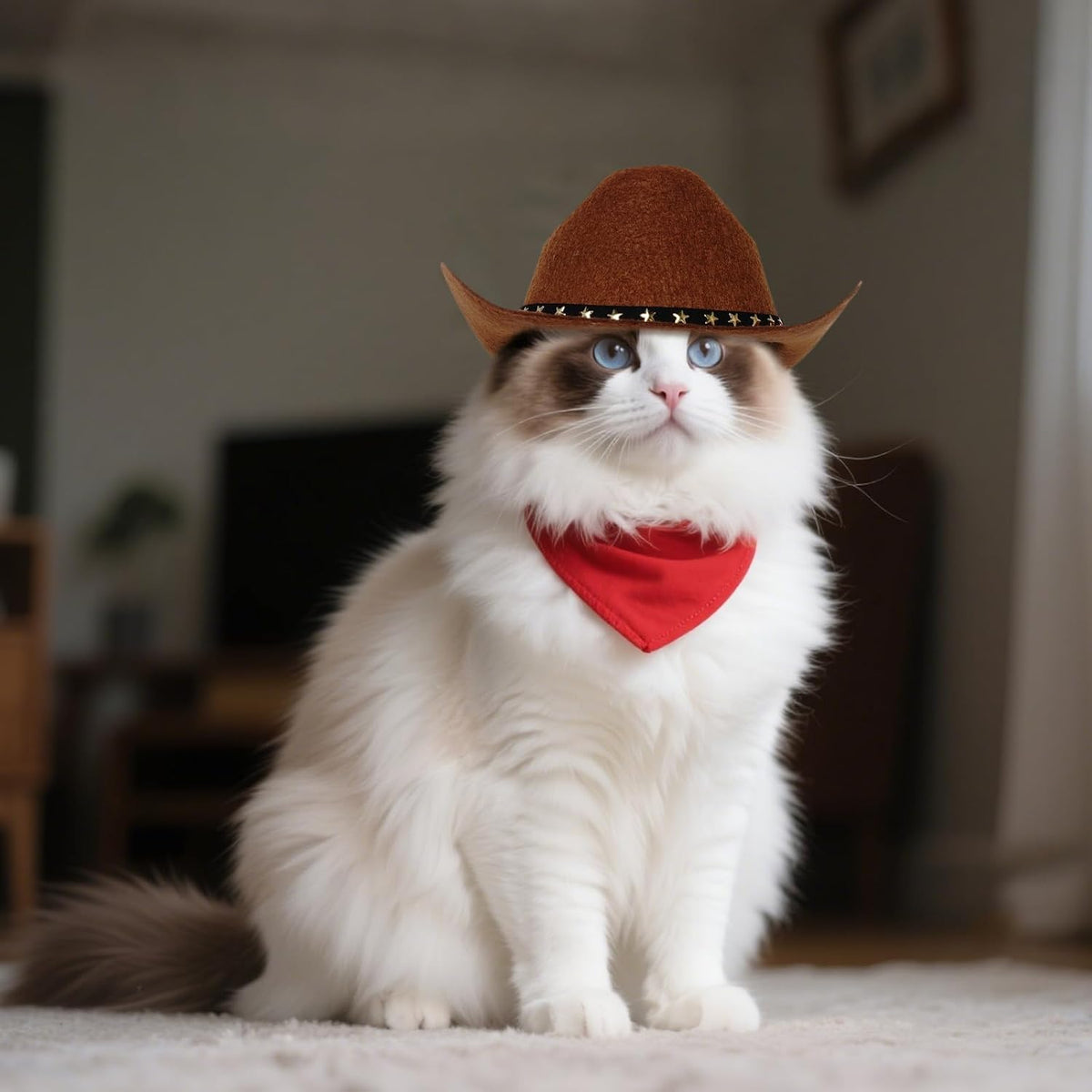 Cat wearing a cowboy hat and red bandana indoors at Pet Servo